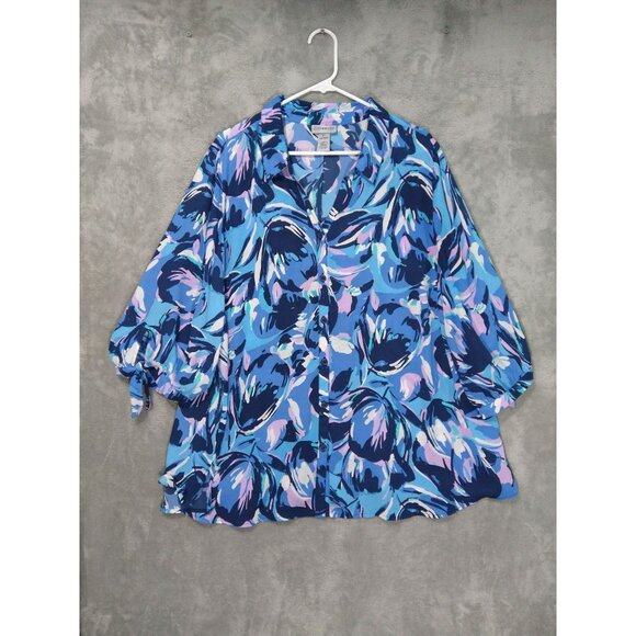 Catherines Tops - Catherines Shirt Top Womens 2X Plus Blue Button Up 3/4 Sleeve V Neck